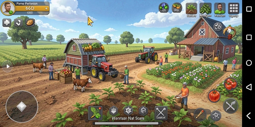Tampilan gameplay seru di 66D yang menunjukkan aktivitas bertani.