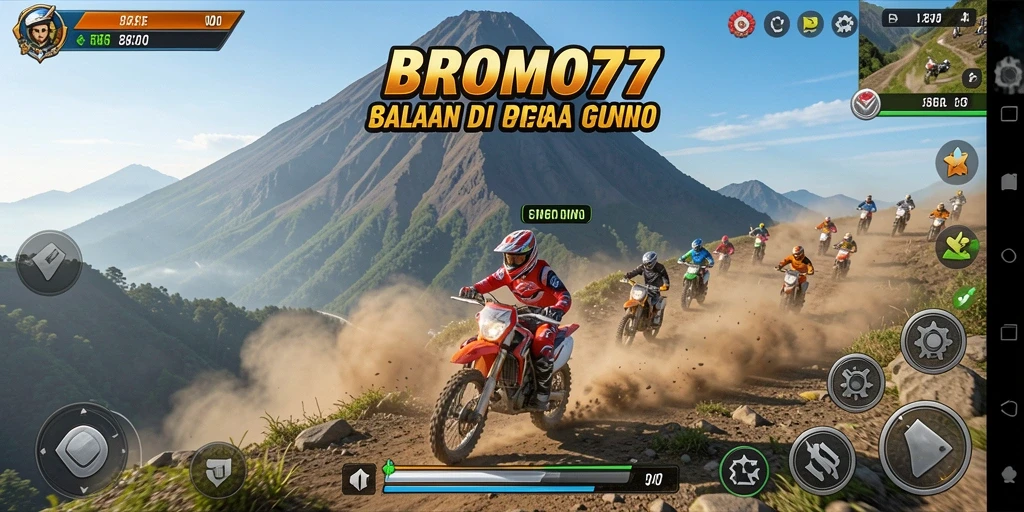 Screenshot gameplay BROMO77 menampilkan balapan mendebarkan di trek gunung.