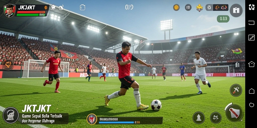 Screenshot gameplay JKTJKT yang menunjukkan aksi seru di lapangan sepak bola.