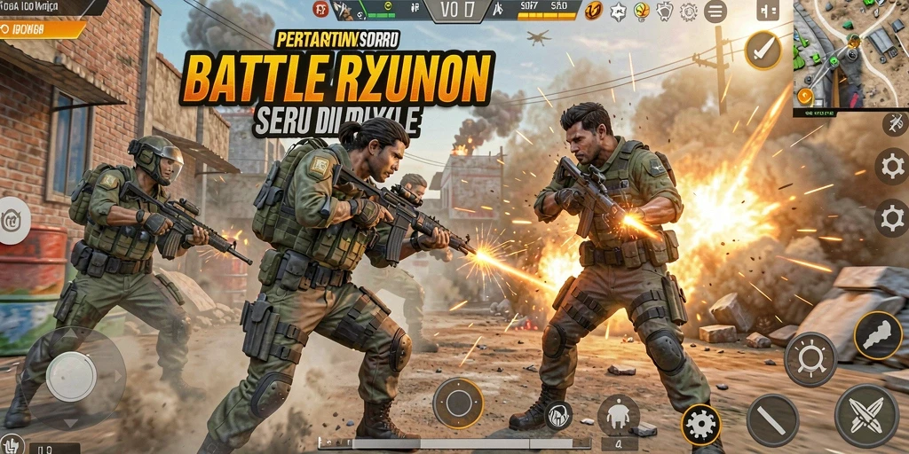 Screenshot utama V07 menunjukkan aksi intens di arena Battle Royale.